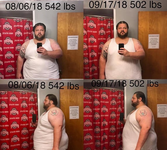 A picture of a 6'1" male showing a weight loss from 542 pounds to 502 pounds. A total loss of 40 pounds.