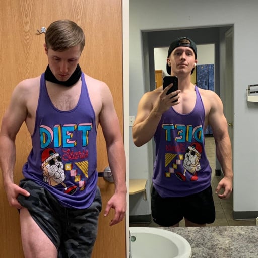 A before and after photo of a 6'0" male showing a muscle gain from 169 pounds to 180 pounds. A total gain of 11 pounds.