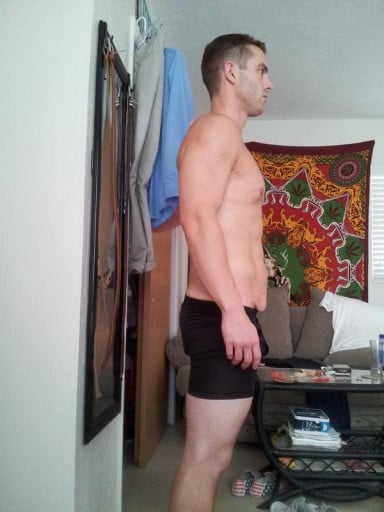 A before and after photo of a 5'8" male showing a snapshot of 165 pounds at a height of 5'8