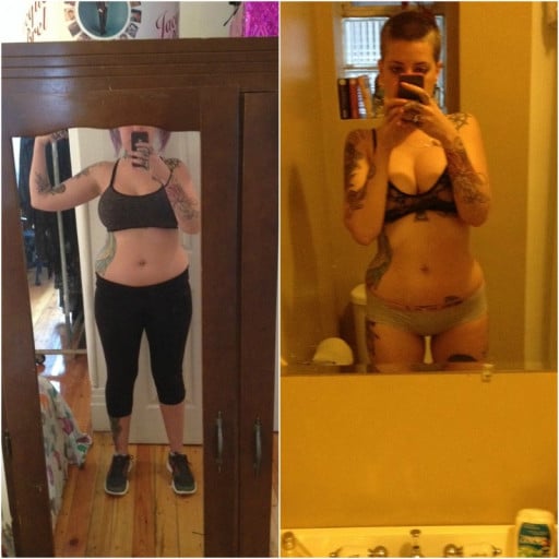 A before and after photo of a 5'7" female showing a weight reduction from 165 pounds to 138 pounds. A respectable loss of 27 pounds.