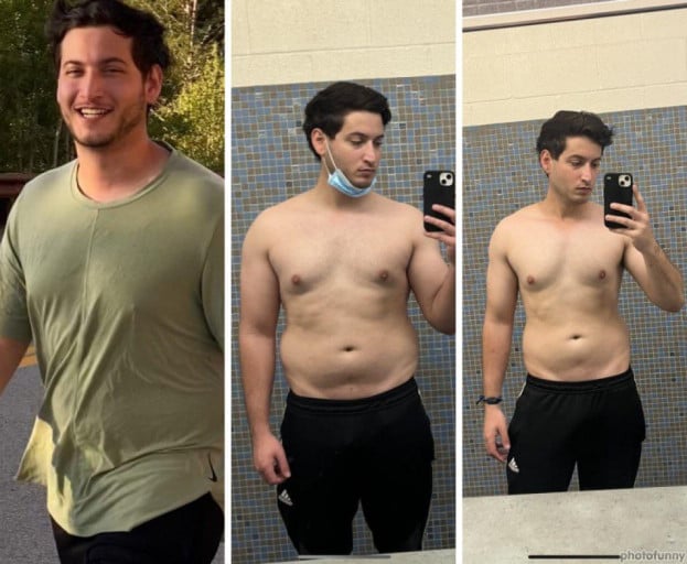 A before and after photo of a 6'0" male showing a weight reduction from 238 pounds to 183 pounds. A respectable loss of 55 pounds.