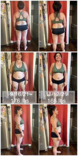 A picture of a 5'2" female showing a weight loss from 176 pounds to 166 pounds. A total loss of 10 pounds.