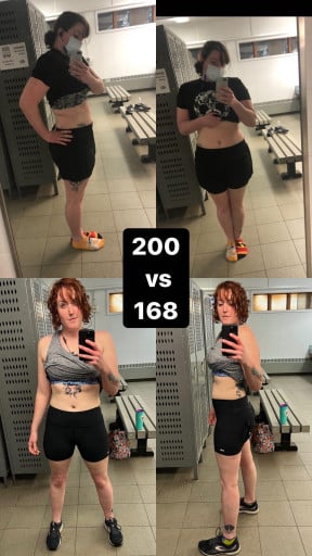 A photo of a 5'8" woman showing a weight cut from 200 pounds to 168 pounds. A net loss of 32 pounds.