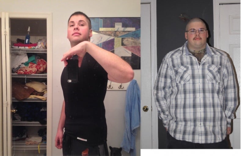A before and after photo of a 5'11" male showing a weight reduction from 330 pounds to 194 pounds. A respectable loss of 136 pounds.