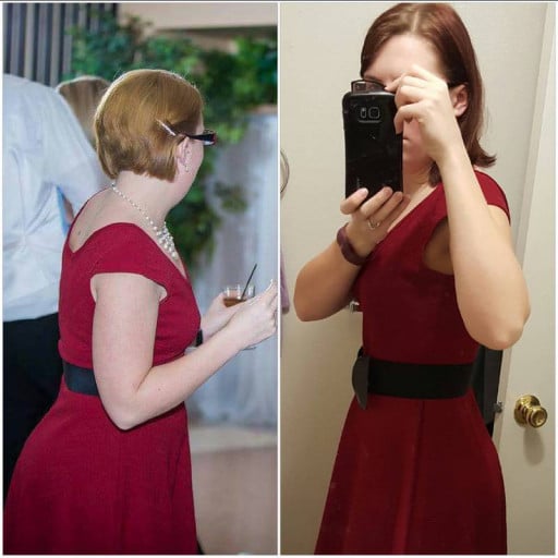A picture of a 5'5" female showing a weight loss from 160 pounds to 145 pounds. A total loss of 15 pounds.