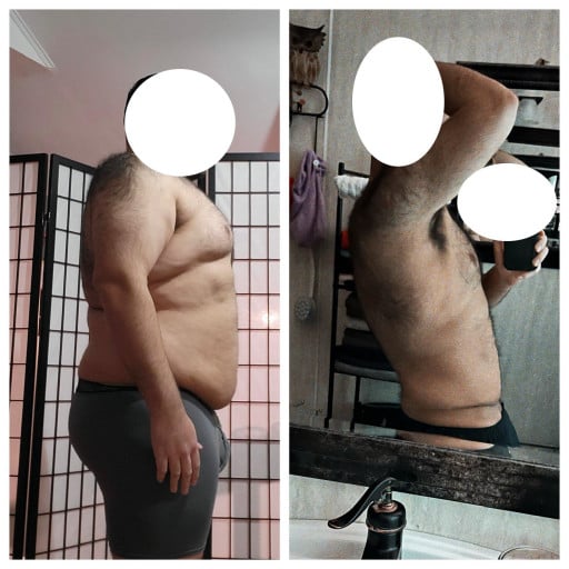 A before and after photo of a 5'10" male showing a weight reduction from 332 pounds to 244 pounds. A respectable loss of 88 pounds.