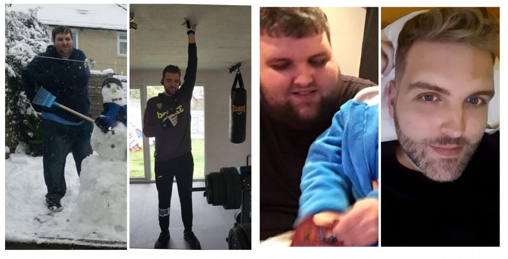 A progress pic of a 6'6" man showing a fat loss from 440 pounds to 230 pounds. A total loss of 210 pounds.