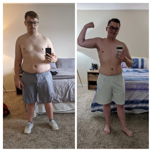 A before and after photo of a 5'10" male showing a weight reduction from 235 pounds to 195 pounds. A total loss of 40 pounds.
