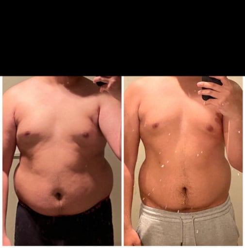 A progress pic of a 5'11" man showing a fat loss from 238 pounds to 216 pounds. A net loss of 22 pounds.