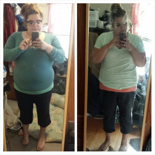 A picture of a 5'0" female showing a weight loss from 320 pounds to 288 pounds. A net loss of 32 pounds.