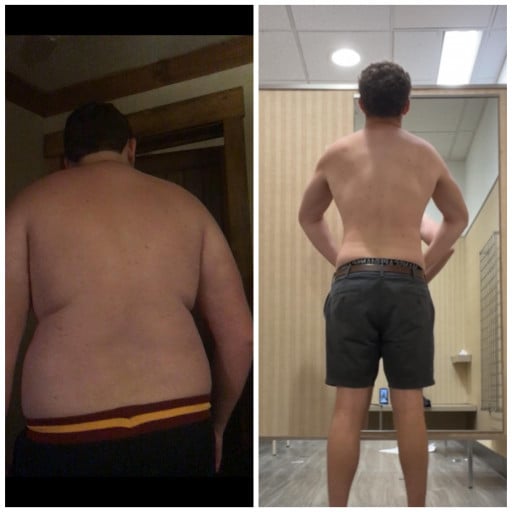 A progress pic of a 6'3" man showing a fat loss from 285 pounds to 215 pounds. A net loss of 70 pounds.