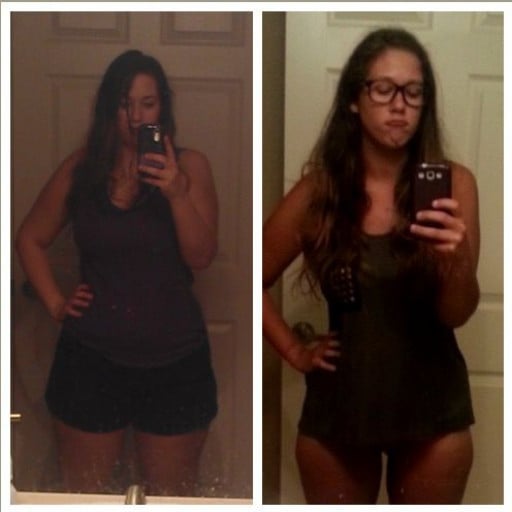 A picture of a 5'5" female showing a weight loss from 190 pounds to 150 pounds. A net loss of 40 pounds.