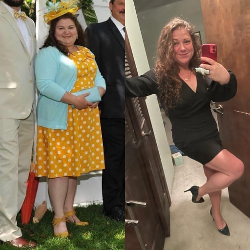 A before and after photo of a 4'11" female showing a weight reduction from 224 pounds to 150 pounds. A respectable loss of 74 pounds.
