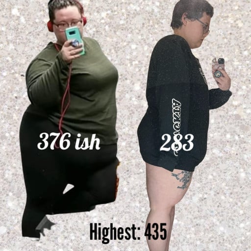 A picture of a 5'6" female showing a weight loss from 376 pounds to 283 pounds. A respectable loss of 93 pounds.