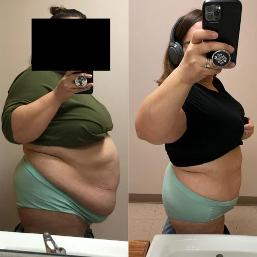 A picture of a 5'3" female showing a weight loss from 270 pounds to 210 pounds. A net loss of 60 pounds.