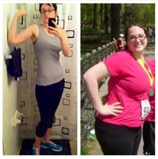 A picture of a 5'8" female showing a weight loss from 230 pounds to 142 pounds. A net loss of 88 pounds.