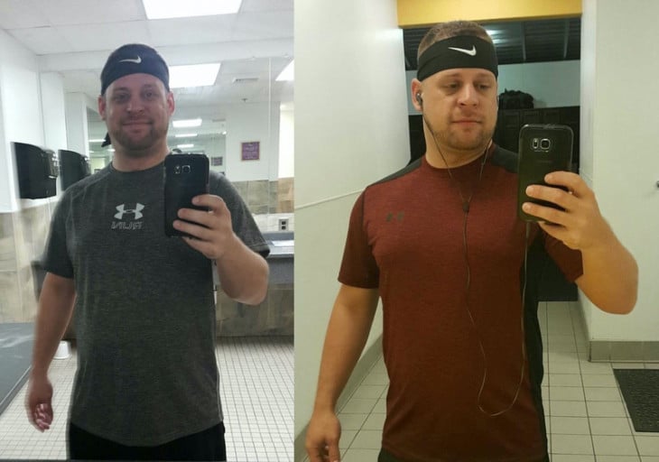 M/35/5'8" [229lbs > 195lbs = 34lbs] (5 months) Just bought a LARGE shirt to replace the XL! (Pic is 10 lbs down in 3 months)