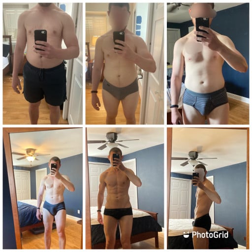 A progress pic of a 5'10" man showing a fat loss from 190 pounds to 154 pounds. A respectable loss of 36 pounds.