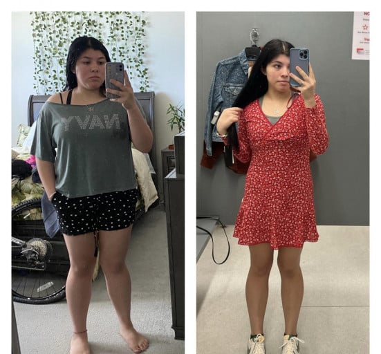 A before and after photo of a 5'3" female showing a weight reduction from 205 pounds to 135 pounds. A respectable loss of 70 pounds.