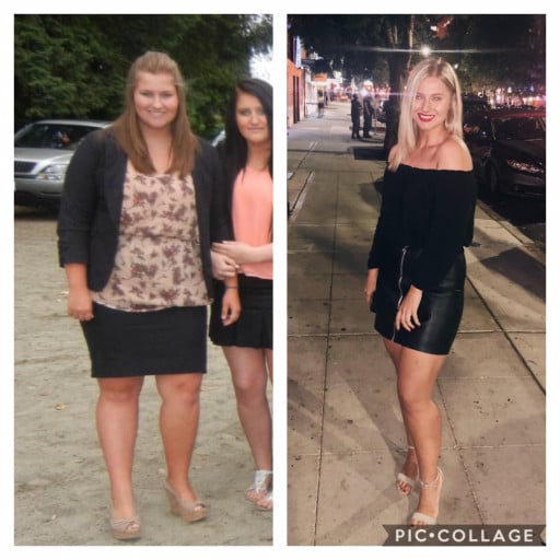 A progress pic of a 5'5" woman showing a fat loss from 230 pounds to 155 pounds. A net loss of 75 pounds.