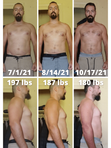 A photo of a 5'9" man showing a weight cut from 197 pounds to 180 pounds. A net loss of 17 pounds.