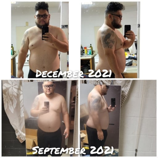 A progress pic of a 6'3" man showing a fat loss from 390 pounds to 366 pounds. A net loss of 24 pounds.