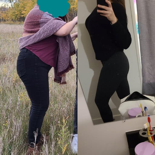 5 feet 7 Female Before and After 66 lbs Fat Loss 220 lbs to 154 lbs