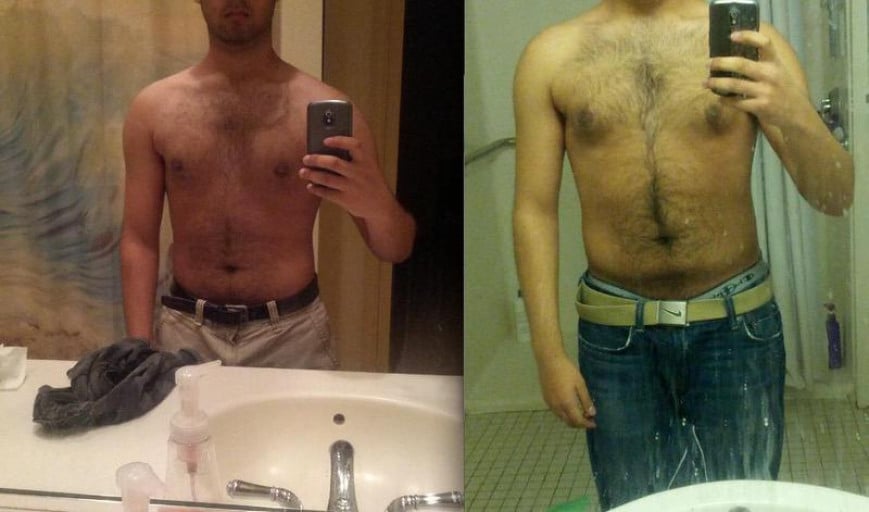 A photo of a 5'9" man showing a weight cut from 185 pounds to 170 pounds. A net loss of 15 pounds.