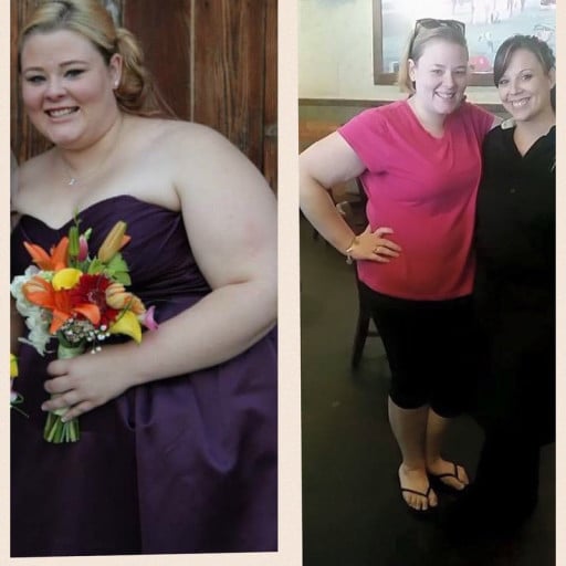 A before and after photo of a 5'5" female showing a weight gain from 315 pounds to 320 pounds. A respectable gain of 5 pounds.