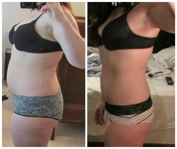 A progress pic of a 5'7" woman showing a weight cut from 220 pounds to 155 pounds. A total loss of 65 pounds.