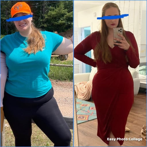 A picture of a 5'9" female showing a weight loss from 282 pounds to 224 pounds. A total loss of 58 pounds.