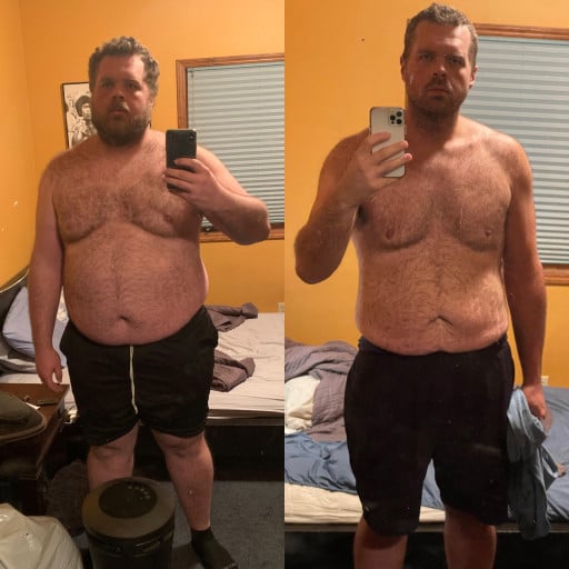 A photo of a 6'3" man showing a weight cut from 390 pounds to 261 pounds. A net loss of 129 pounds.