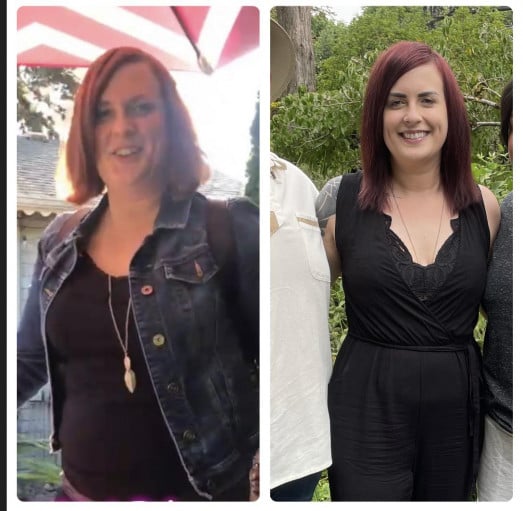 A before and after photo of a 5'8" female showing a weight reduction from 205 pounds to 167 pounds. A net loss of 38 pounds.