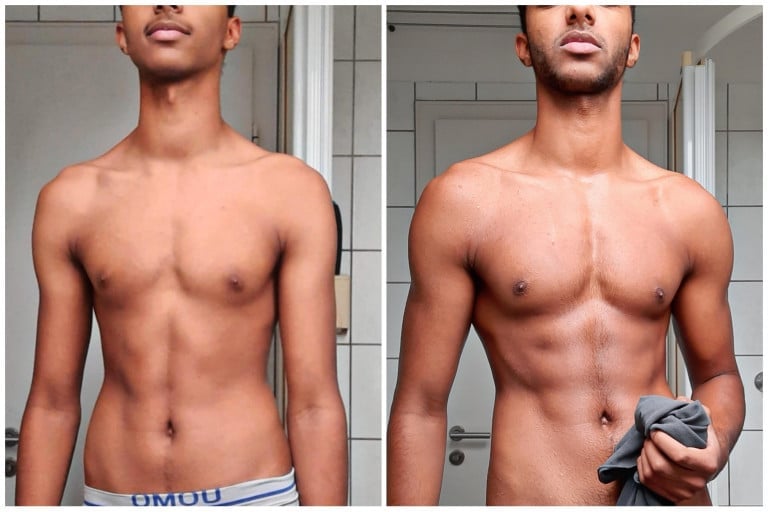 A before and after photo of a 6'4" male showing a muscle gain from 162 pounds to 198 pounds. A total gain of 36 pounds.