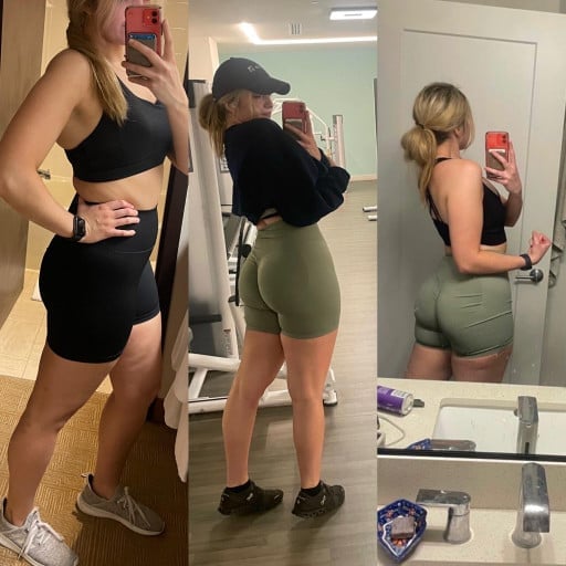 A progress pic of a 5'9" woman showing a fat loss from 170 pounds to 165 pounds. A net loss of 5 pounds.