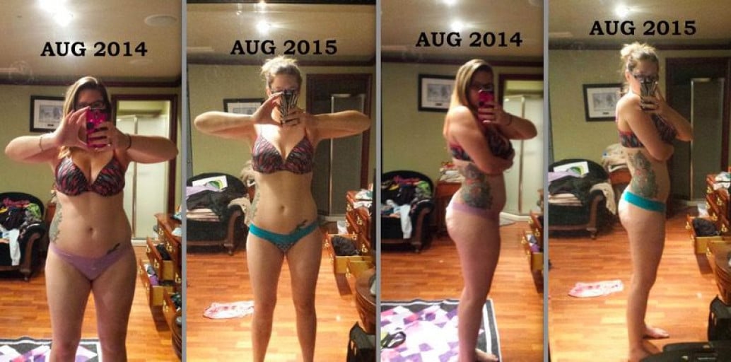 A progress pic of a 5'9" woman showing a fat loss from 190 pounds to 159 pounds. A respectable loss of 31 pounds.