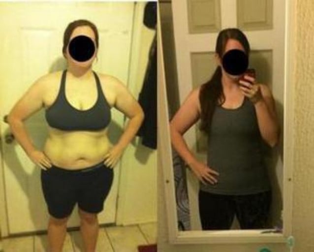 A picture of a 5'3" female showing a weight loss from 230 pounds to 160 pounds. A respectable loss of 70 pounds.