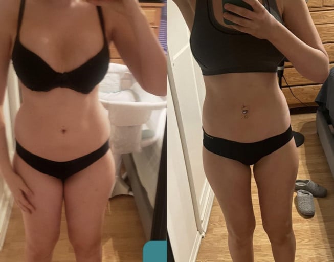 A before and after photo of a 5'7" female showing a weight reduction from 155 pounds to 126 pounds. A net loss of 29 pounds.