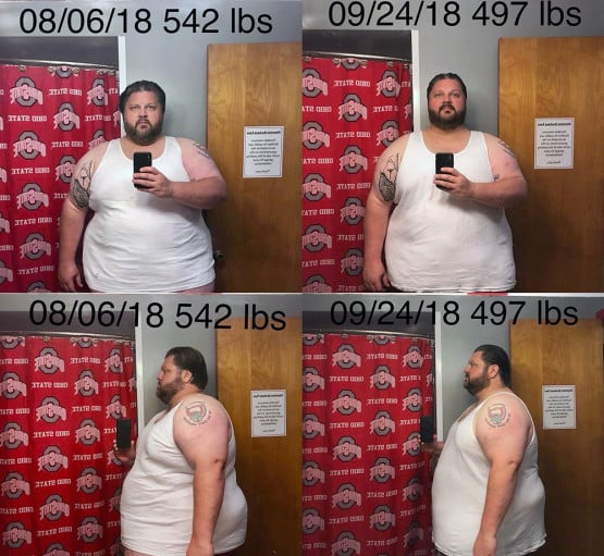 A picture of a 6'1" male showing a weight loss from 542 pounds to 497 pounds. A total loss of 45 pounds.