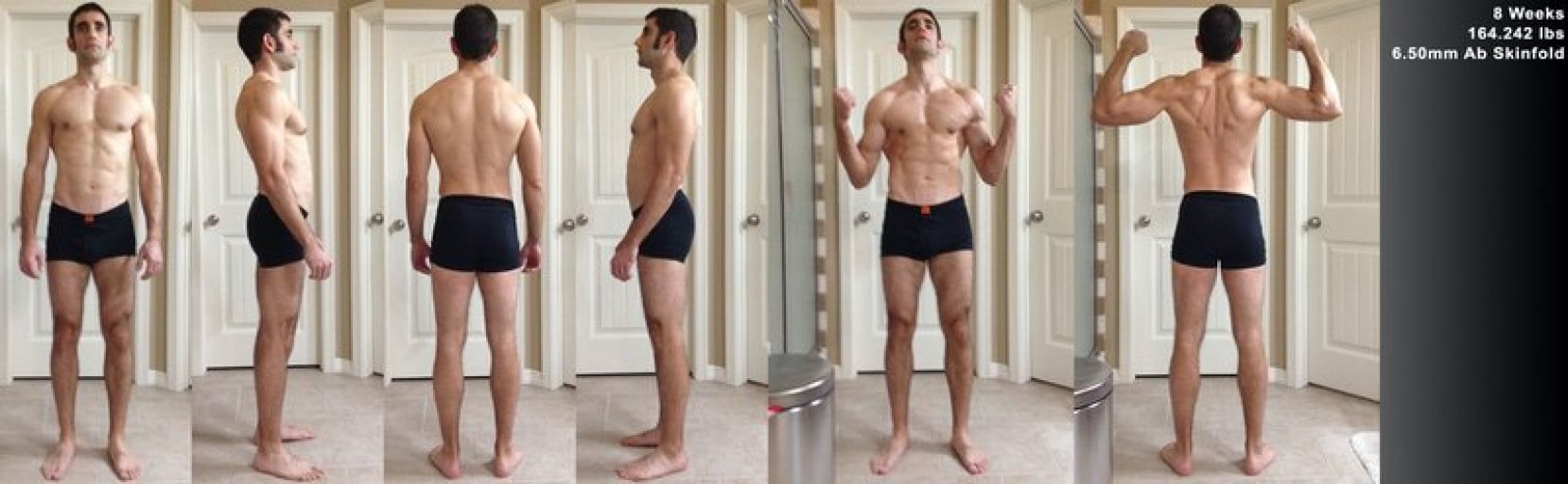A before and after photo of a 5'11" male showing a snapshot of 164 pounds at a height of 5'11