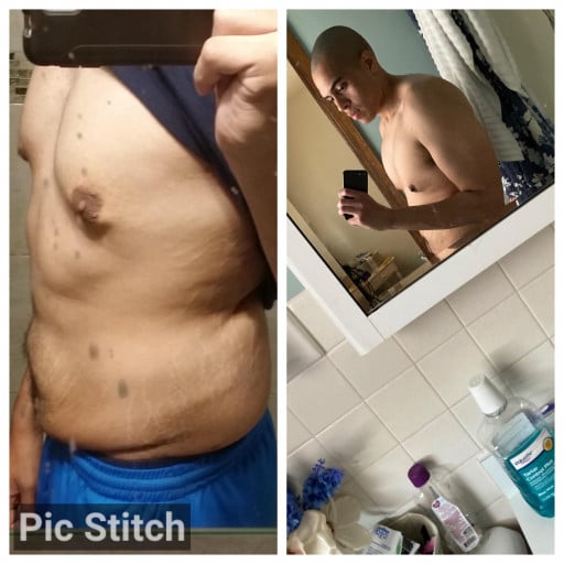 A progress pic of a 6'0" man showing a fat loss from 190 pounds to 180 pounds. A net loss of 10 pounds.