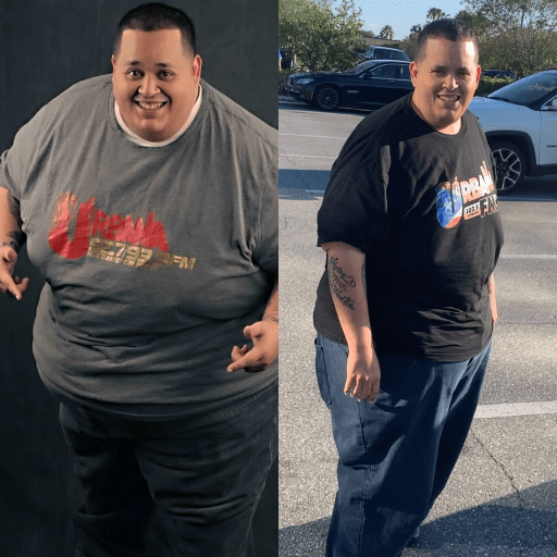 A progress pic of a 5'8" man showing a fat loss from 540 pounds to 365 pounds. A respectable loss of 175 pounds.