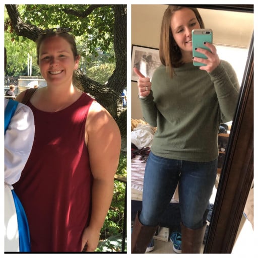 A progress pic of a 5'7" woman showing a fat loss from 230 pounds to 165 pounds. A net loss of 65 pounds.