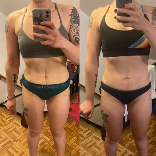 A before and after photo of a 5'7" female showing a snapshot of 150 pounds at a height of 5'7