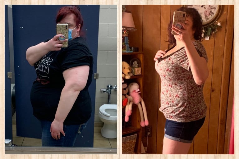 A progress pic of a 5'7" woman showing a fat loss from 326 pounds to 213 pounds. A total loss of 113 pounds.
