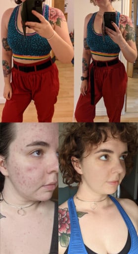 A progress pic of a 5'11" woman showing a fat loss from 202 pounds to 165 pounds. A net loss of 37 pounds.