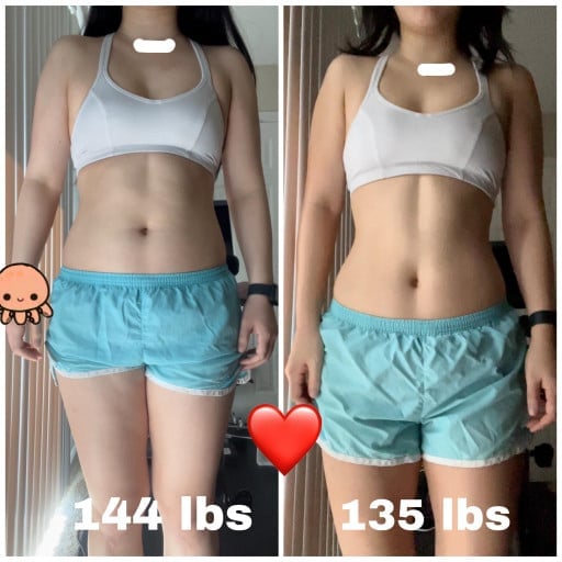 A photo of a 5'5" woman showing a weight cut from 144 pounds to 135 pounds. A total loss of 9 pounds.