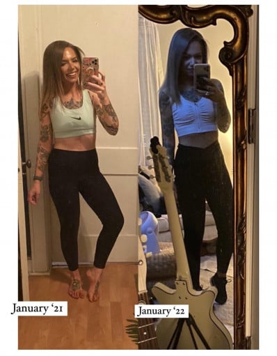 A before and after photo of a 5'1" female showing a snapshot of 110 pounds at a height of 5'1