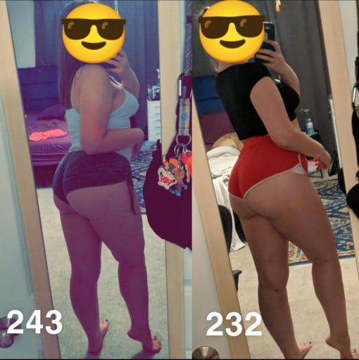 A before and after photo of a 6'1" female showing a weight reduction from 245 pounds to 232 pounds. A respectable loss of 13 pounds.