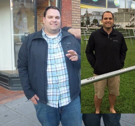 A picture of a 5'10" male showing a weight loss from 320 pounds to 213 pounds. A respectable loss of 107 pounds.